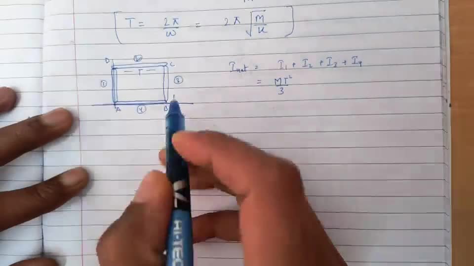 A square frame ABCD is formed by four identical rods each of mass 'm' and..