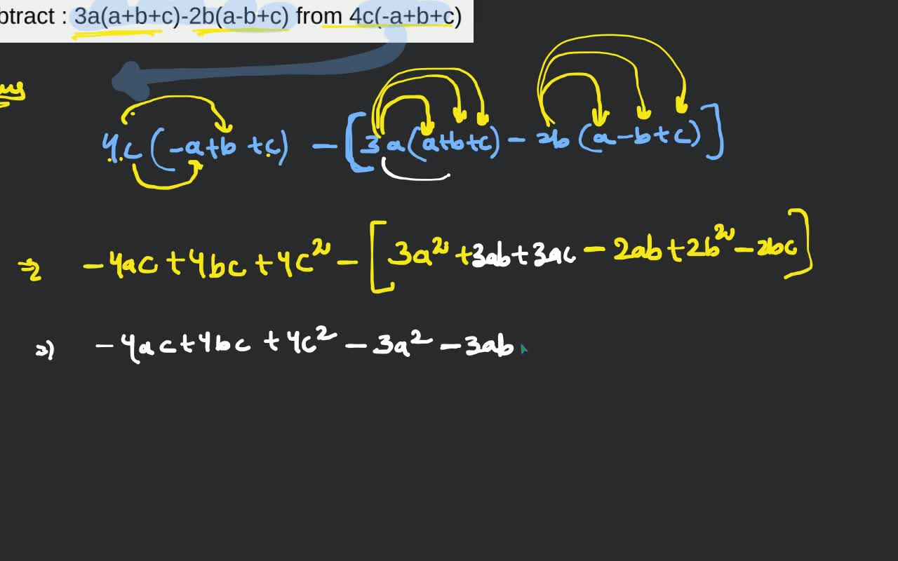 Subtract : 3a(a+b+c)-2b(a-b+c) from 4c(-a+b+c) | Filo