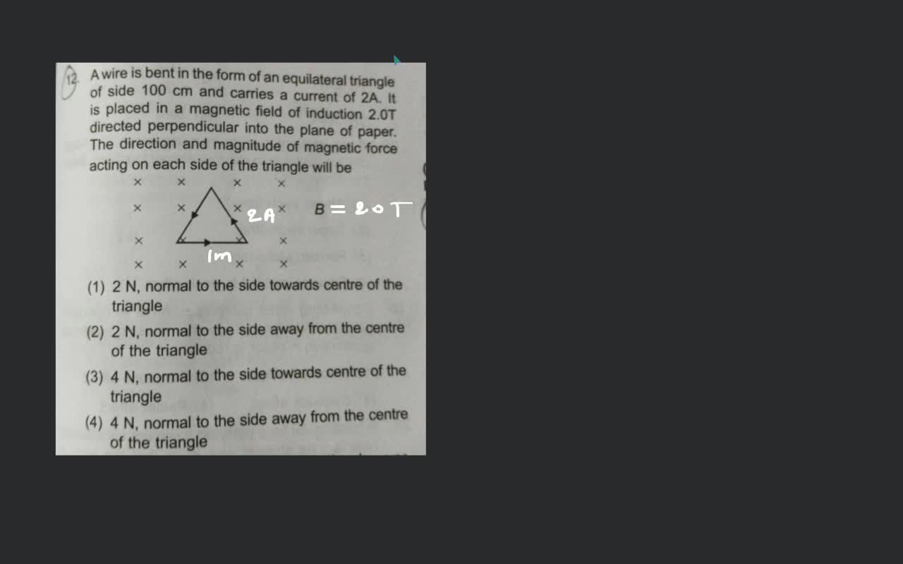 A wire is bent in the form of an equilateral triangle of side 100 cm and