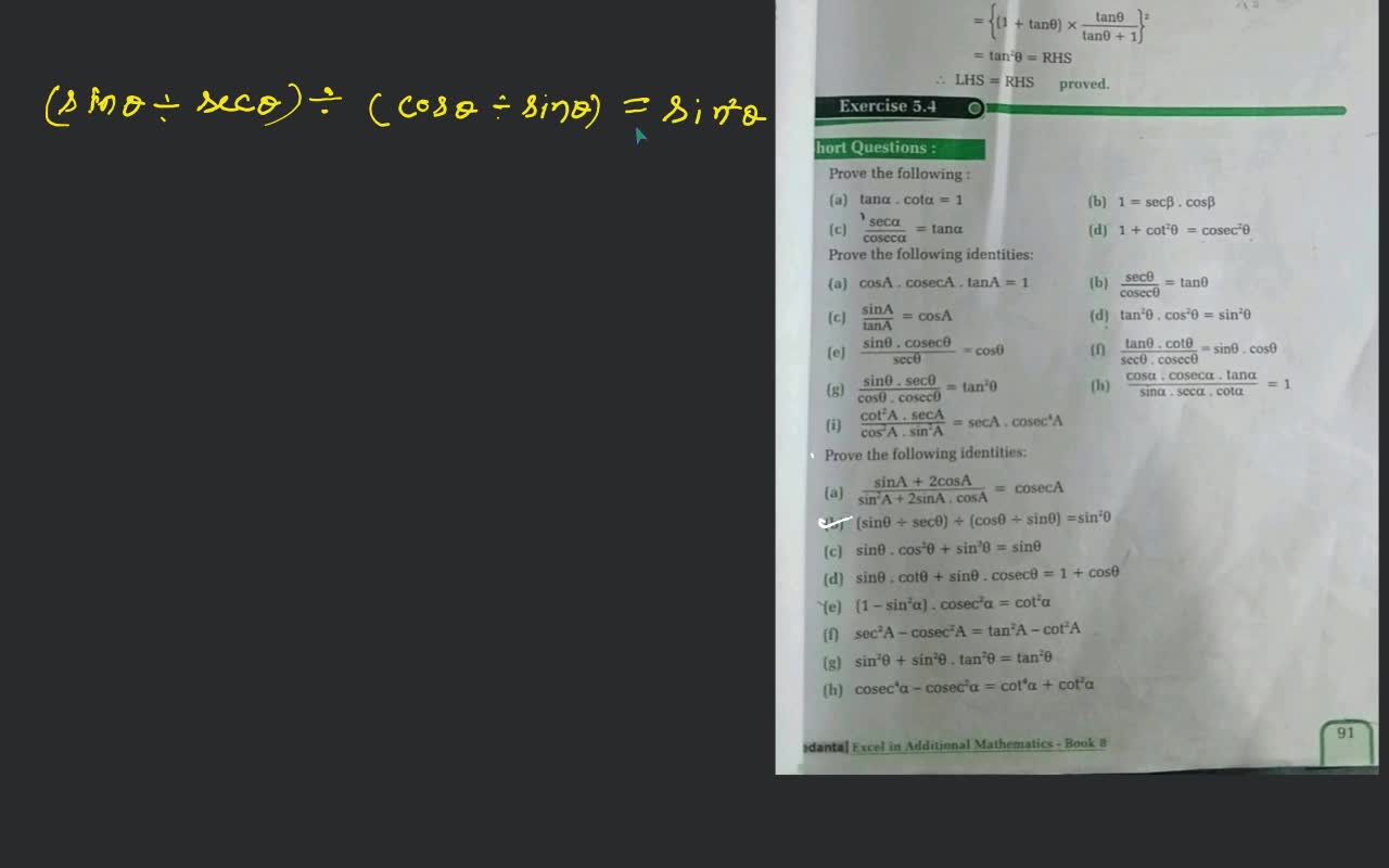 Trigon2metry }³ Trigonome RHS= Exercise 5.4 hort Questions: +tane +cote 1..
